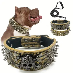 Studded leather dog collar with leash, rivet PU leather dog collar for outdoor dog walking, training, walking Harnesses Adjustable Safety Harness dogaccessories