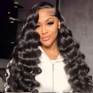 34 Inch 200% Density Loose Deep Wave Curly 13x4 lace Front wigs Blended Human Hair Lace Frontal Wig Human Hair Natural Hairline Natural Black
