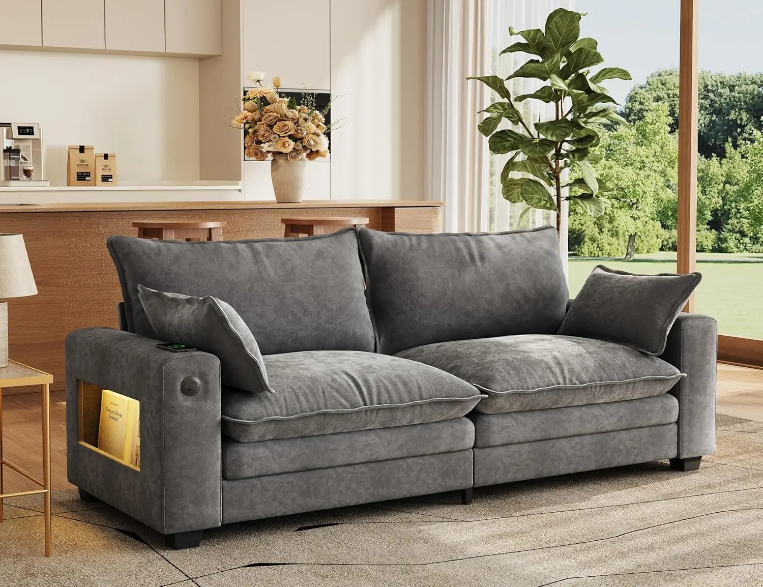 MapleGrace 80" Cloud Loveseat Sofa with LED Light & USB-C Charging Port, Modern 2-Seater Chenille Couch with Wide Armrest, for Living Room, Apartment, Small Space, Grey