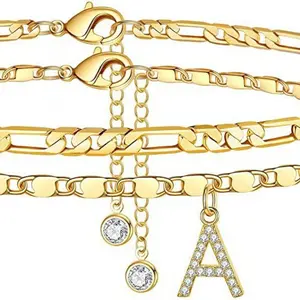 14K Gold Plated Dainty Layered Figaro Chain CZ Initial Anklet Set, Gift Choice