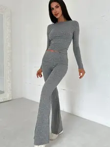 Casual Everyday Solid Round Neck Long Sleeve Top & Reinforced Flare Pant Legging Set