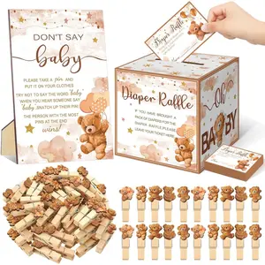 102 Pcs Bear Baby Shower Game Diaper Raffle Ticket with Diaper Raffle Card Box Don't Say Baby Sign Mini Bear Clothespin Game Decor for Gender Reveal Favor Decoration Gifts