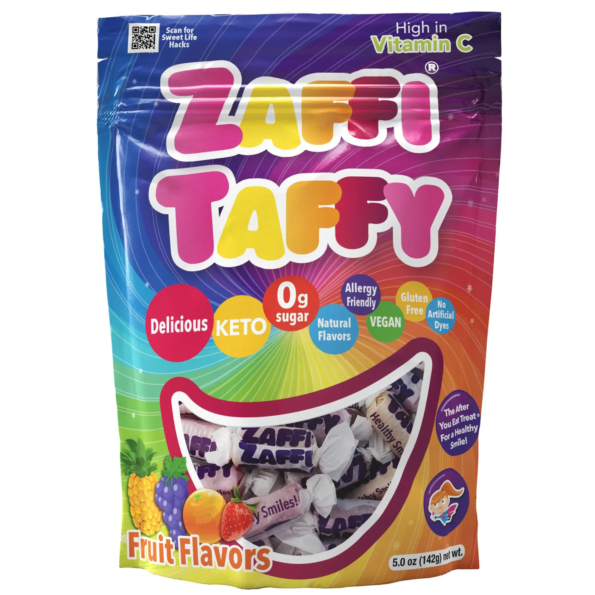 Zaffi Taffy Sugar-Free Fruit Taffy, Allergy Friendly, Vegan Bonbons, 5oz Bag Dye Free Gluten Free