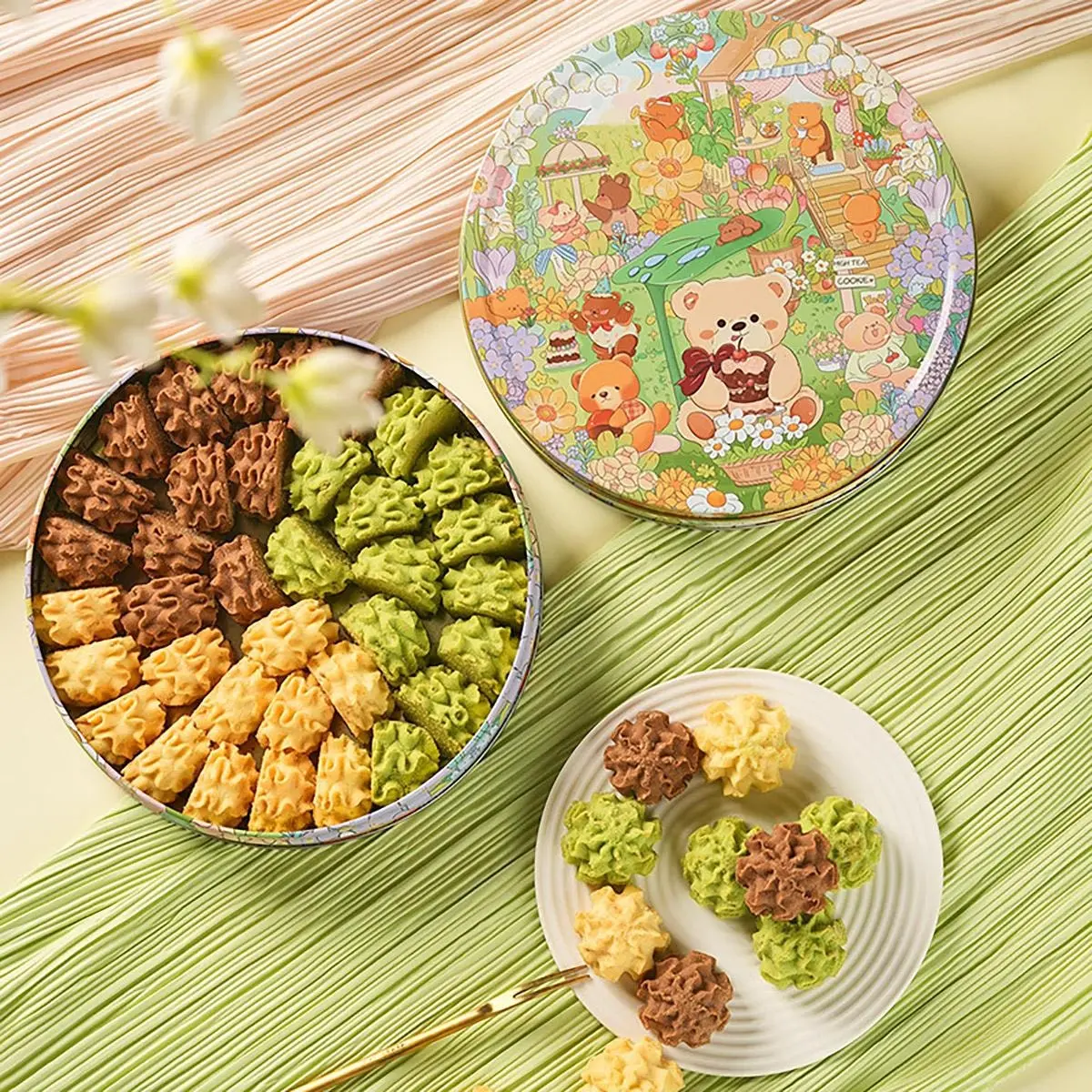 YOTIME Butter Cookies Gift Box - Assorted Flavors (Matcha, Cocoa, Original) 350g - Delicious Shortbread Biscuits for Parties & Gifts