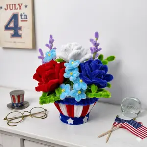 Handmade Patriotic Velvet wire Flower Pot Size 8 Inches, 4th of July Decor, Handmade Red Rose Daisy, American Flag Gift for Home