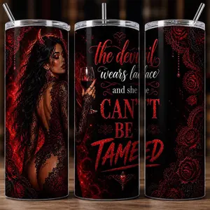 Devil Wears Lace Tumbler Wrap PNG | 20oz Skinny Tumbler Design | Gothic Glam Cup Wrap | Sexy Devil Woman Lace Design