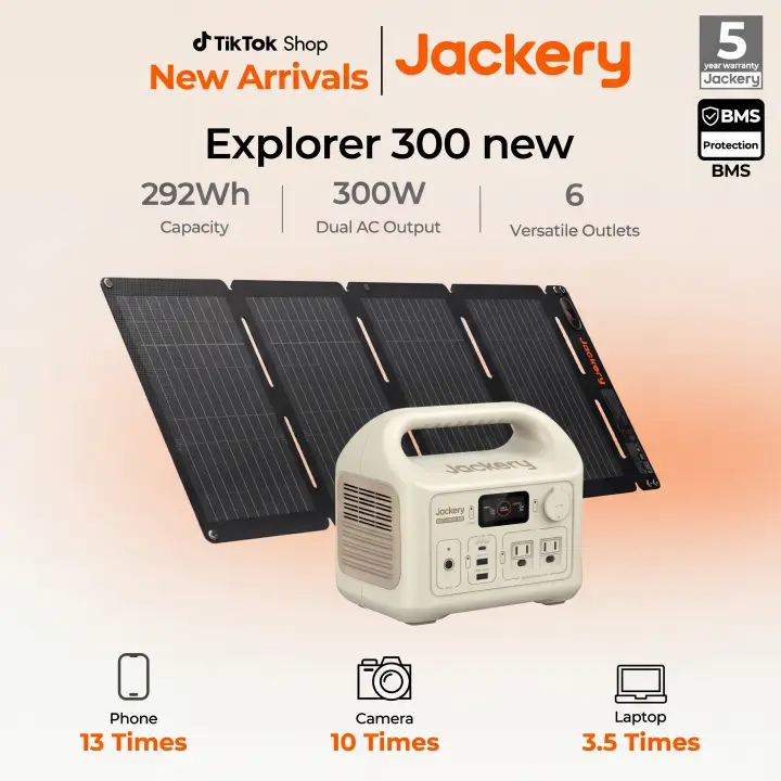 [Opening Ceremony]  Jackery Solar Generator 300, 292Wh Power Station, 300W Pure Sine Wave AC Outlet for RV Outdoors Camping Travel Blackout(Dune White)