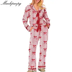Women Pajamas Bow/Heart Print Tie Front Long Sleeve Tops and Long Pants Set Sleepwear Loungewear Womenswear Casual Check Pjs pj pants