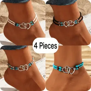 4-piece Bohemian-style beaded anklet set - multi-color sparkling beloved jewelry, with adjustable elastic cords, mini seed beads, hollow double-heart design, suitable for party gifts and casual wear, vintage style, bohemian style tarnish proof