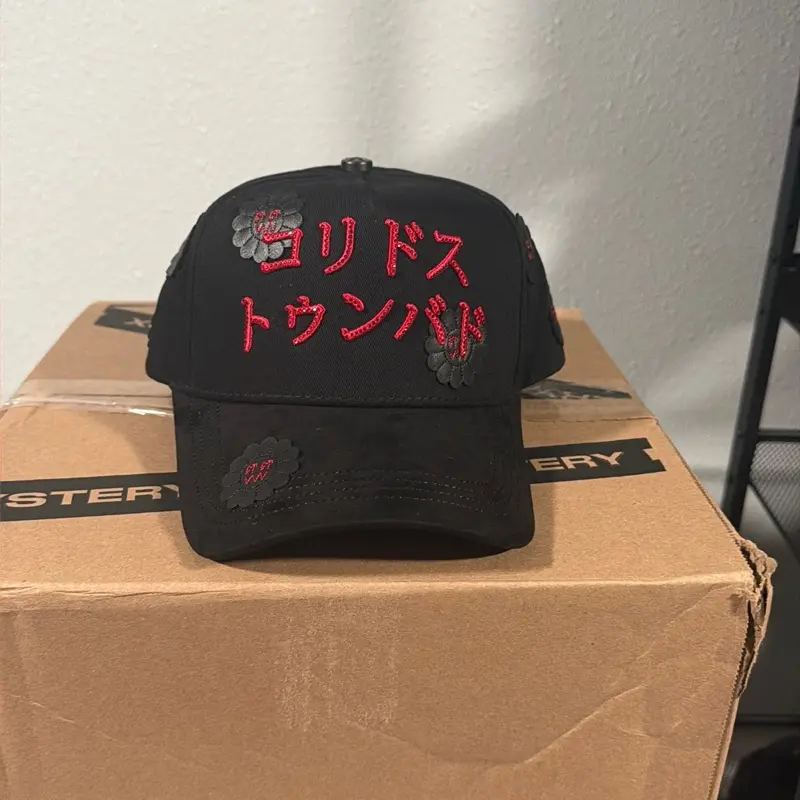 Murakami Barbas Hat - Black Baseball Cap with Red Embroidery and Floral Design