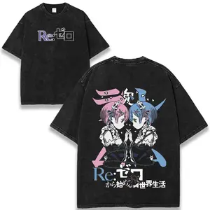 Rem x Ram Re:Zero Tee Washed Vintage Oversized Heavy Cotton Double Printed Anime Manga Graphic T-Shirt Retro Unisex Streetwear Top Gift 100% Premium Cotton 230gsm Soft Durable Relaxed Fit S-5XL - Menswear, Fabric