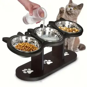 Elevated 3-Bowl Pet Feeder with Stainless Steel Bowls, Wooden Step Food & Water Stand，Dual Bowls for Cats Dogs， automatic dispenser