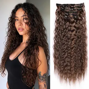 Brown Clip in Hair Extensions 6PCS Hair Extensions 24" Long Curly Wavy Synthetic hair extensions Natural Thick Deep Wave Hairpieces instant length