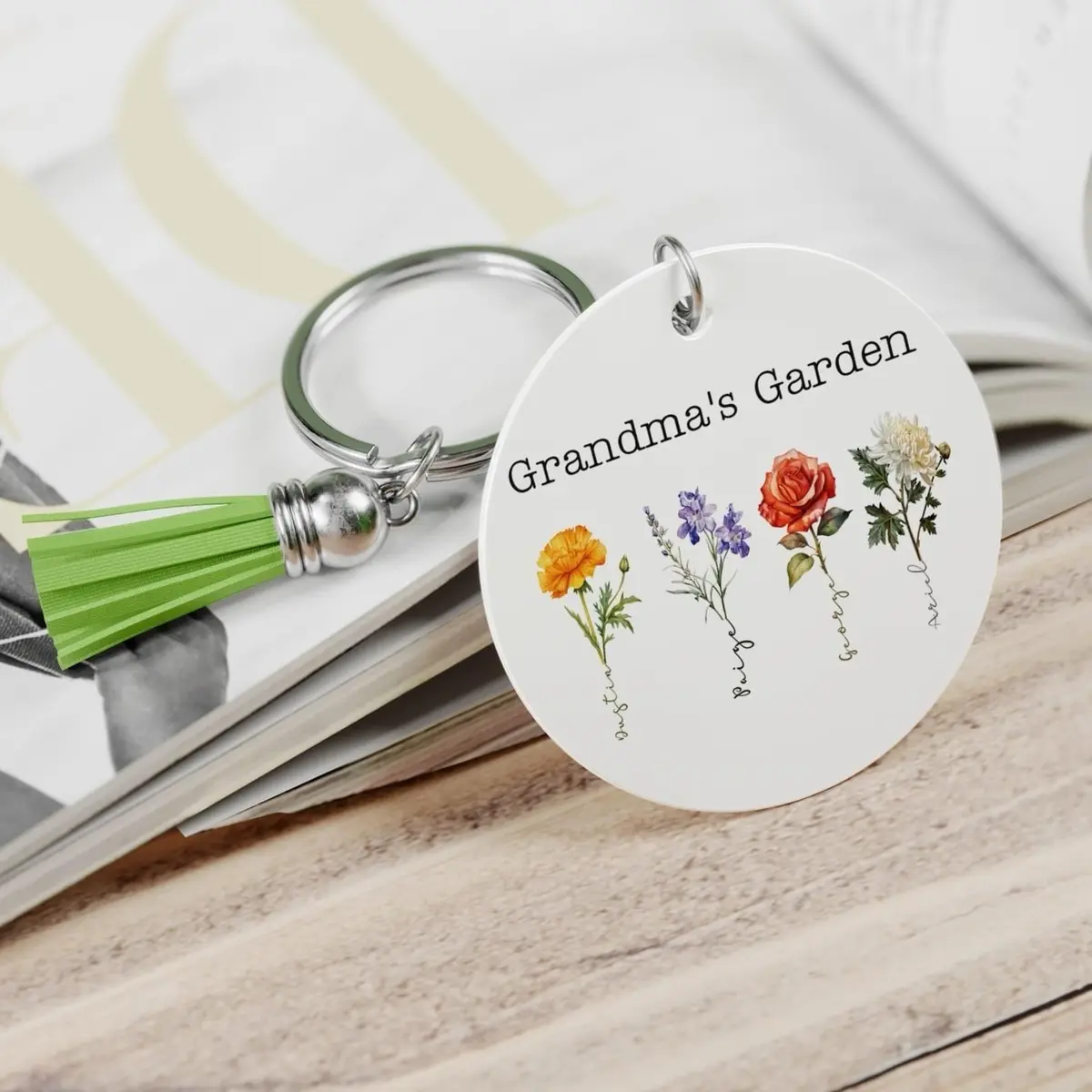 Grandmas Garden Wooden Double Sided Key Chain. This item can be personalized with Mom, Grandma, Gigi , Meme Etc. it also comes with your choice of color tassel  please give details of name when ordering.