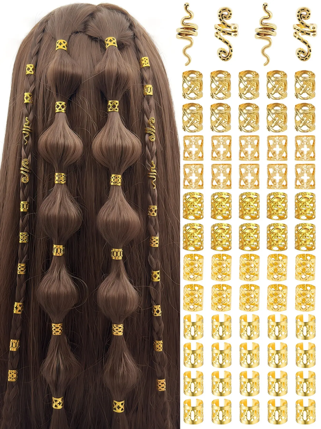 64pcs Multi-Shape Geometric Shapes Hair Rings Collection, Adjustable Alloy Stretchy Hair Cuffs, Boho Style Hair Jewelry, Hair Accessories for Men & Women, Dreadlocks & Braids