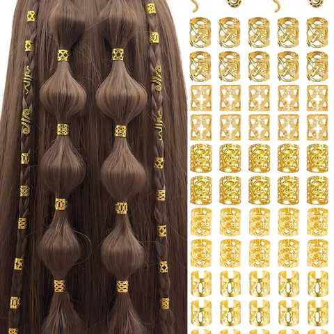 64pcs Multi-Shape Geometric Shapes Hair Rings Collection, Adjustable Alloy Hair Cuffs, All-Season Boho Style Hair Jewelry, Hair Accessories for Men & Women, Dreadlocks & Braids