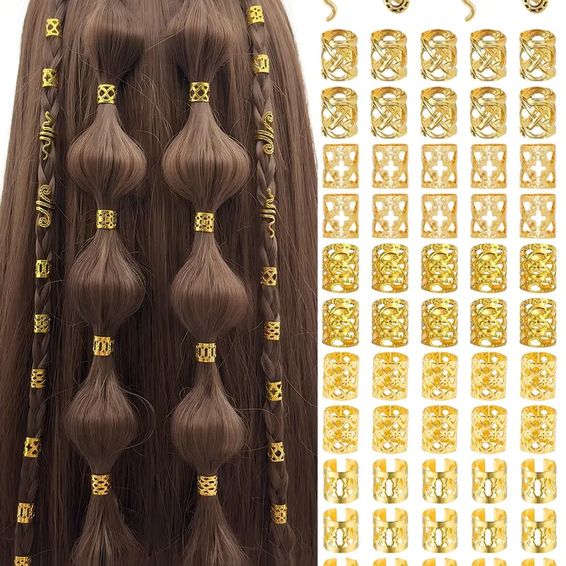 64pcs Multi-Shape Geometric Shapes Hair Rings Collection, Adjustable Alloy Hair Cuffs, All-Season Boho Style Hair Jewelry, Hair Accessories for Men & Women, Dreadlocks & Braids