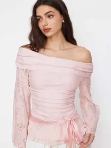 Cider Lace Off-shoulder Floral Knotted Ruched Long Sleeve Top