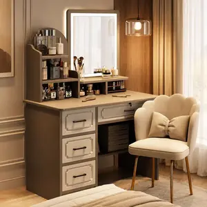 Vanity Desk with Mirror, Lights and Drawers for Makeup, includes Shelves, Cushion Stool for Bedroom