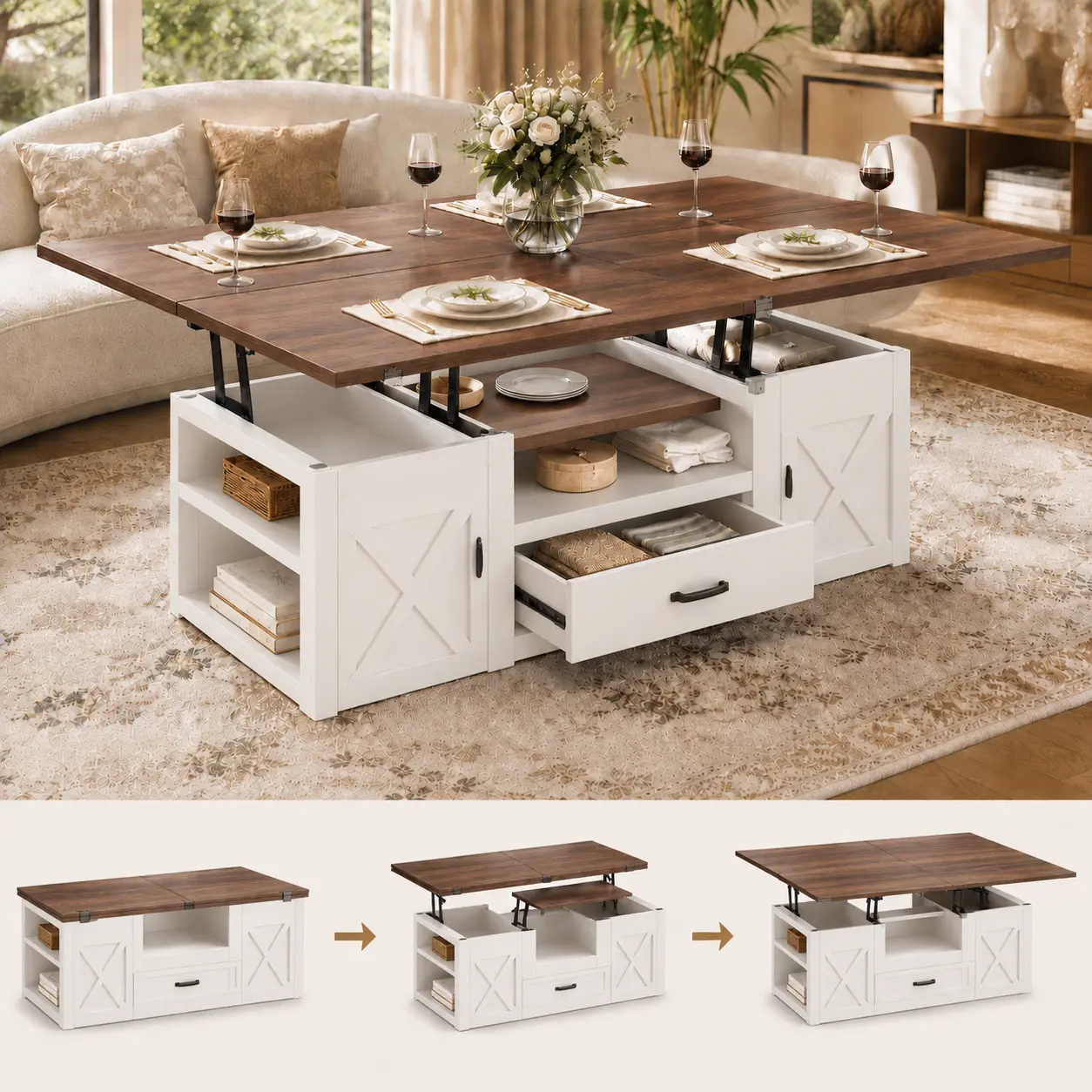 Farmhouse Lift Top Coffee Table - 39.37 inches High Density Wood Rectangular Espresso Table with Drawer + Shelves, 3-shelf Display, Open Storage, Foldable, Assembly Required for Living Room (Quick Setup)
