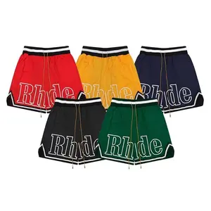 Vintage American Style Street Letter Embroidery Color Block Weave Trunks – Men's Trendy Brand Summer Loose-Fit Five-Fourths Shorts