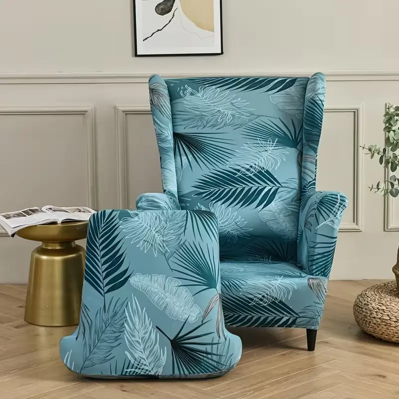 2-Piece Wingback Chair Cover Set with Seat Cushion & Stool Covers, 8%Spandex-92%Polyester Blend Elastic Stretch-Fit, Machine Washable Indoor All-Seasons Household Textile Protector for Decor Enhancement