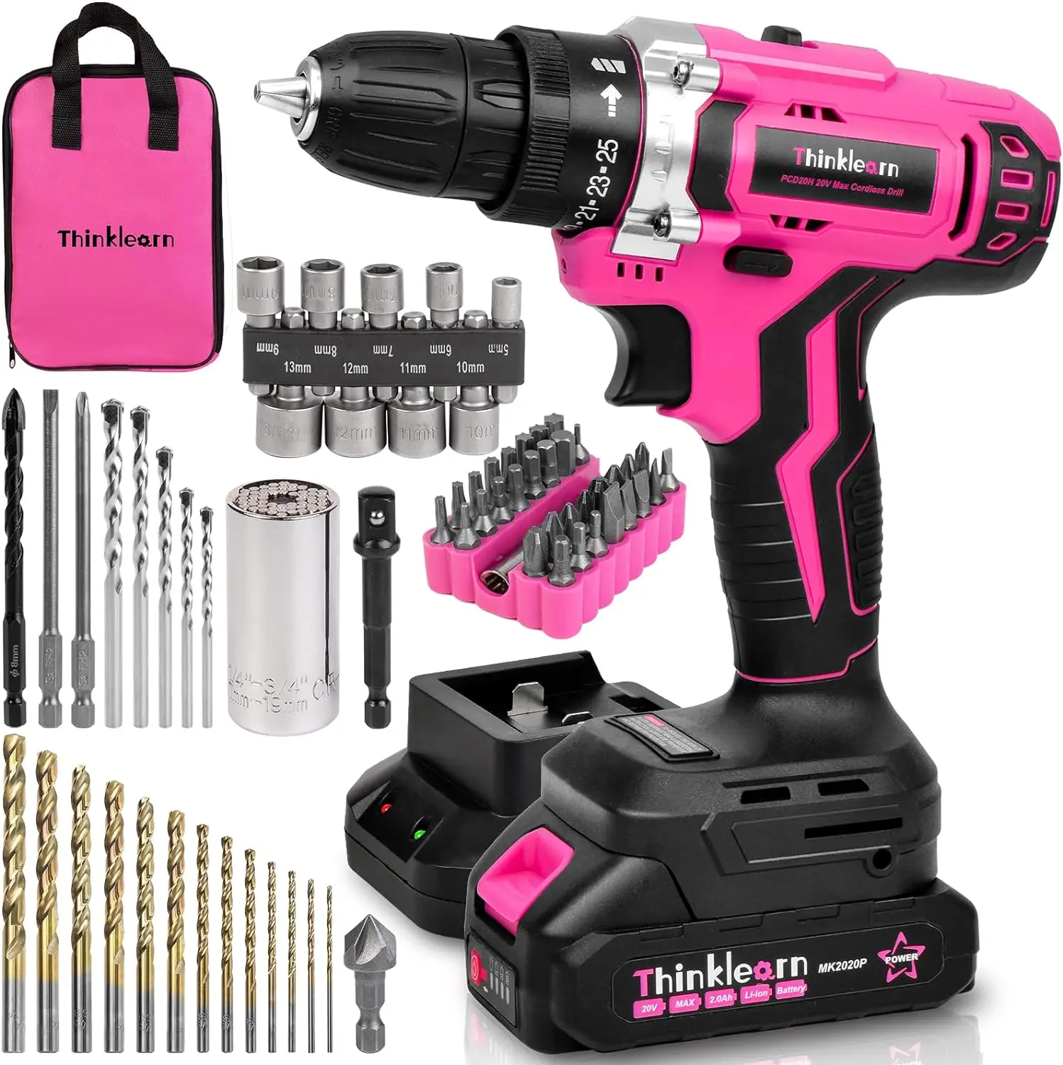 THINKLEARN Pink Cordless Drill Set, 20V Lithium-ion Power Drill Set for Women, Tool Set with Drill for Home Repair with 67Pcs Drill Driver Bits electr