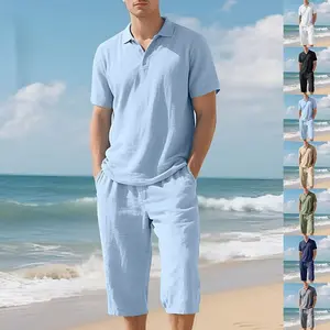 Summer Men's Loose Casual Linen Breathable Polo Shirt Short Beach Sleeve Cropped Pants Set