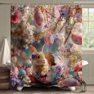 1/4 PC Easter-themed shower curtain, printed with cute hatching rabbits, colorful Easter eggs and beautiful flowers, creating a spring atmosphere for the bathroom. The printed bathroom decor set includes a shower curtain, non-slip bath mat, toilet lid