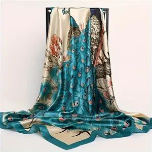 35inch Elegant Peacock Print Satin Square Scarf