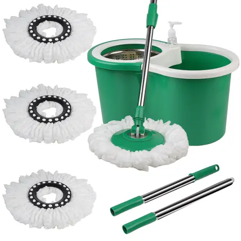 Easywring Microfiber Mop and Bucket Set - Rotating Spin, Self-Wringer, Absorbent, Durable, Large Capacity, 3 Replacements, Hands-Stay-Dry Floor Tool, Anti-Water Spilling, Detergent Dispenser, Drainage Holes, Bottle (Green)