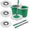 Easywring Microfiber Mop and Bucket Set - Rotating Spin, Self-Wringer, Absorbent, Durable, Large Capacity, 3 Replacements, Hands-Stay-Dry Floor Tool, Anti-Water Spilling, Detergent Dispenser, Drainage Holes, Bottle (Green)