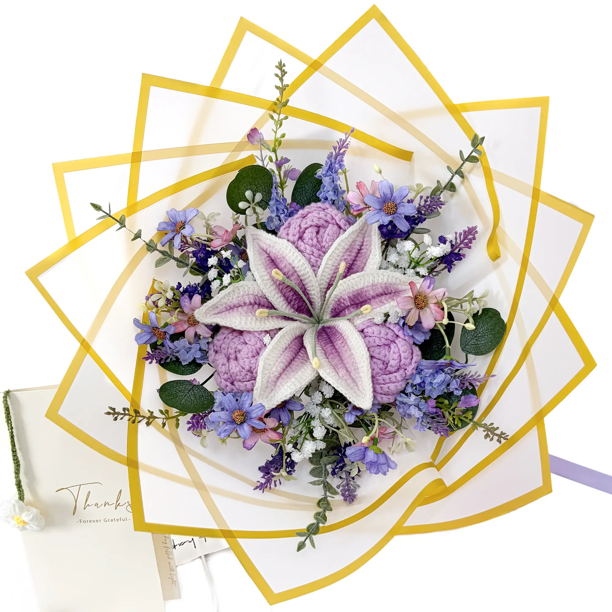 Handmade Crochet Faux Flower Bouquet - Purple Lily, Rose, Lavender, Eucalyptus Faux Decorative Dainty Piece with Gift Bag & Card, Ideal for Bedroom, Desk, Birthday Gift for Her