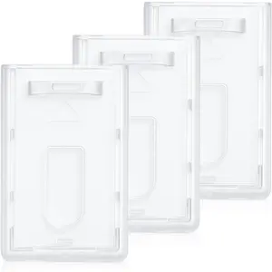 3-Pack Slim Heavy-Duty Vertical Badge Holders - Clear Hard Plastic Polycarbonate ID Case with Top Load & Thumb Slide for Secure Single Card Protection