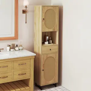 COSTWAY - 67 Inch Tall Bathroom Cabinet PE Rattan Floor Cabinet with 2 Doors-Natural