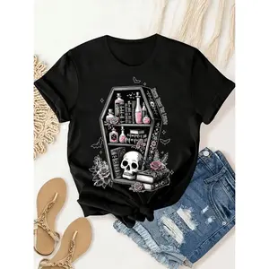 Women's Skull Print T-Shirt - Soft, Breathable Short Sleeve Tee with Gothic Coffin Design for Casual & Outdoor Wear, Black, Fitness Apparel | Soft Fabric Shirt