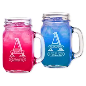 Birthday Initial  Mason Jars Custom Engraved Birthday GIft or Party Favor Idea Handle Mug Drinking Glasses Set of 2 Custom Pair of Glasses