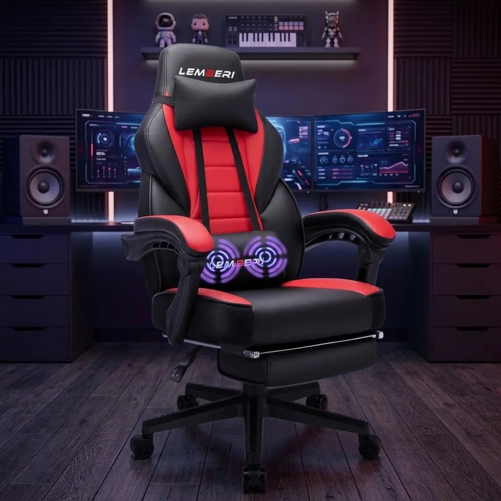 Ergonomic Heavy Duty Gaming Chair With Massage Function, High Back Big And Tall Computer Office Chair, Red Gamer Chair With Footrest And Lumbar Support For Indoor Home Gaming Work Use