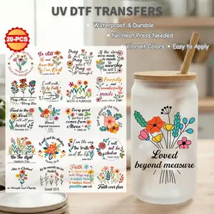 20 Pcs UV DTF Cup Wraps Bundle, 16oz Libbey Glass Can Transfers, Watercolor Floral & Religious Quotes, 3D Waterproof Stickers, Sticker Packs for DIY Gifts