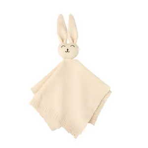 Oatmeal KNIT BUNNY LOVEY Mini Cotton Blanket Newborn Baby 100% Cotton 9x9 in Soft & Secure Heirloom Cuddle Toy