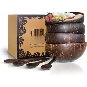 Coconut Bowl Set with Wooden Spoons -  Acai Bowls, Yogurt Bowls & Smoothie Bowl - Ideal for  &  Breakfasts (4, Polished)