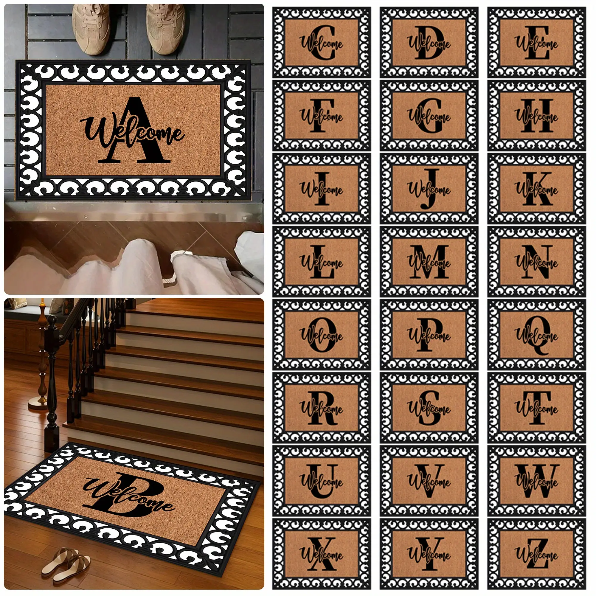 Family First Name Initials Tri-Color Non-Slip Welcome Doormat - Black Brown White, Abstract Pattern, Black-And-White Graphic, Statement Art Rug for Front Door Home Entrance, Festive Decor for Thanksgiving Christmas, Black-And-White Graphic Doormats, Abstr