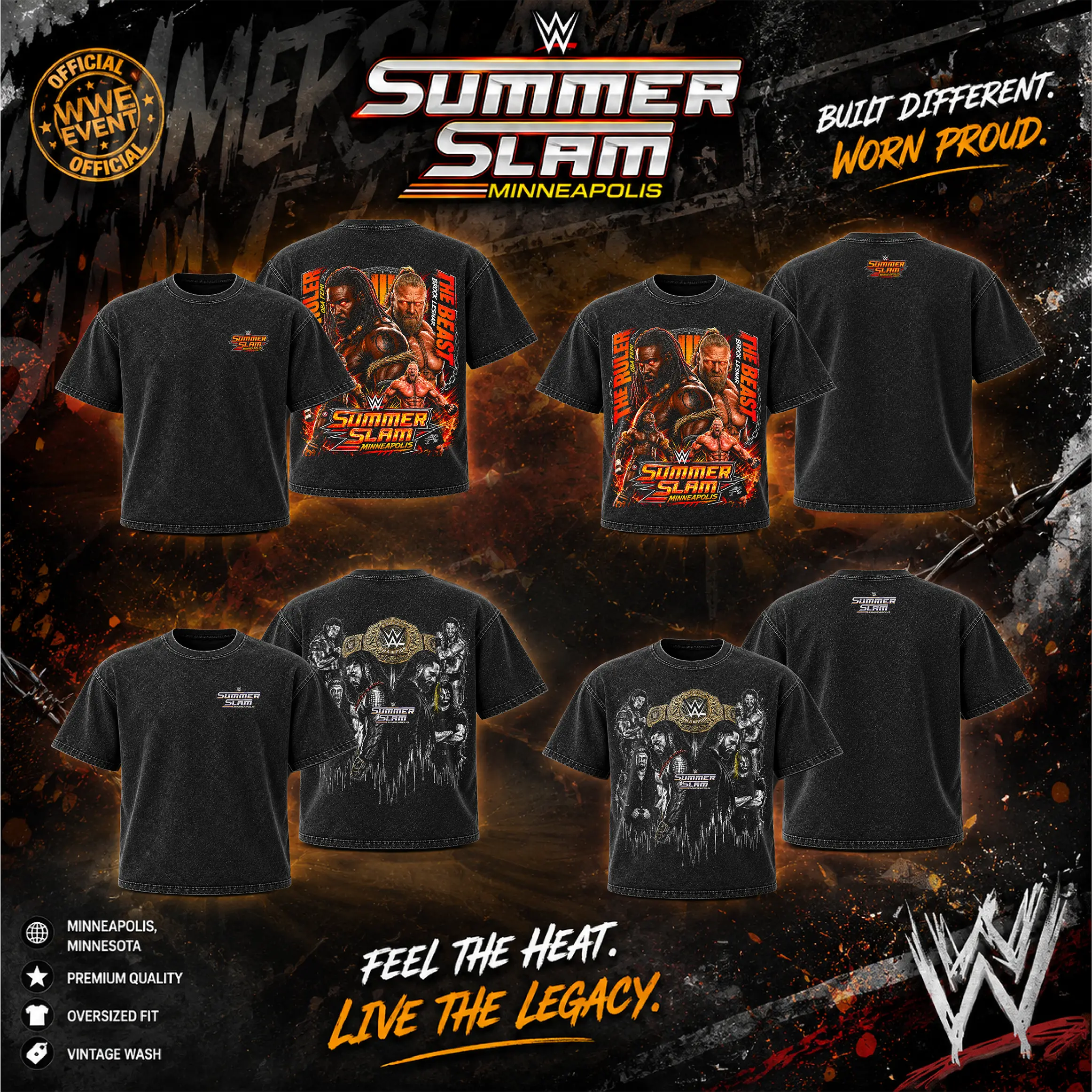 7787 Clothing WWE SummerSlam Wrestling Graphic Washed T-Shirt Menswear Vintage Acid Wash Cotton