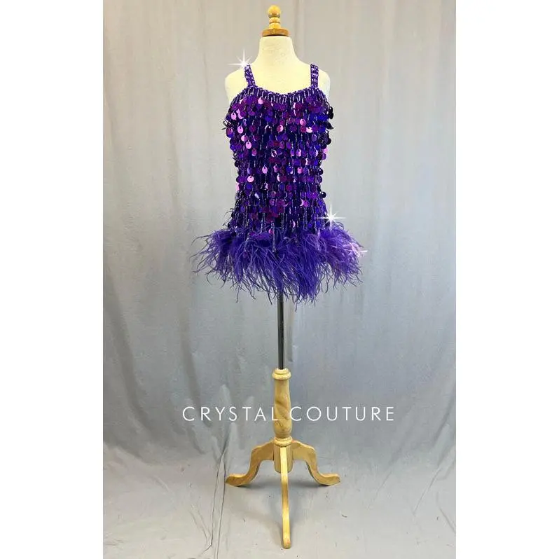 Custom Purple Beaded Fringe Dress with Feather Hem