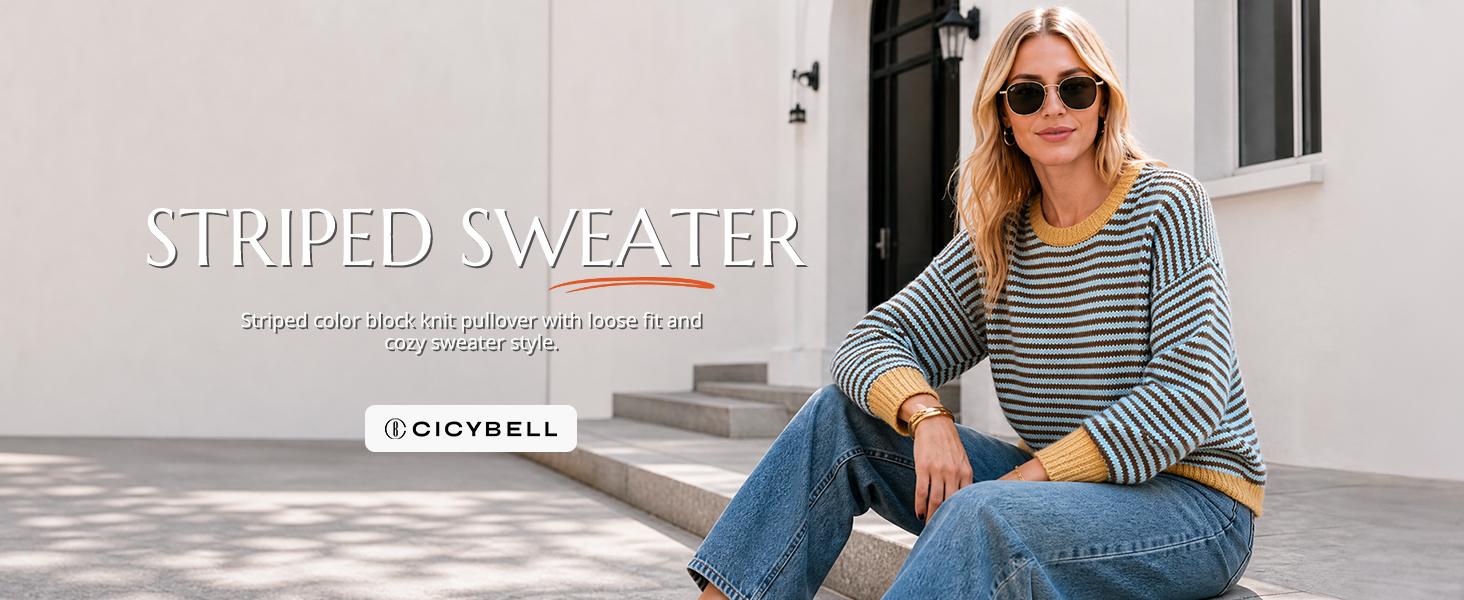 Cicy Bell Womens Striped Sweater Casual Loose Fit Color Block Knit Pullover Sweaters Crewneck Long Sleeve Tops Cicy Bell Womens Striped Sweater Casual Loose Fit Color Block Knit Pullover Sweaters Crewneck Long Sleeve Tops