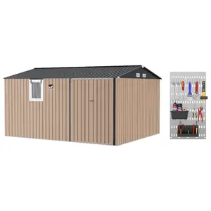 12x10 FT Shed Outdoor Storage Shed with Pegboard & Solar Motion Sensor Light, Heavy-Duty Tool Metal Shed with Sloping Roof & Lockable Double Doors for Backyard, Patio, Lawn