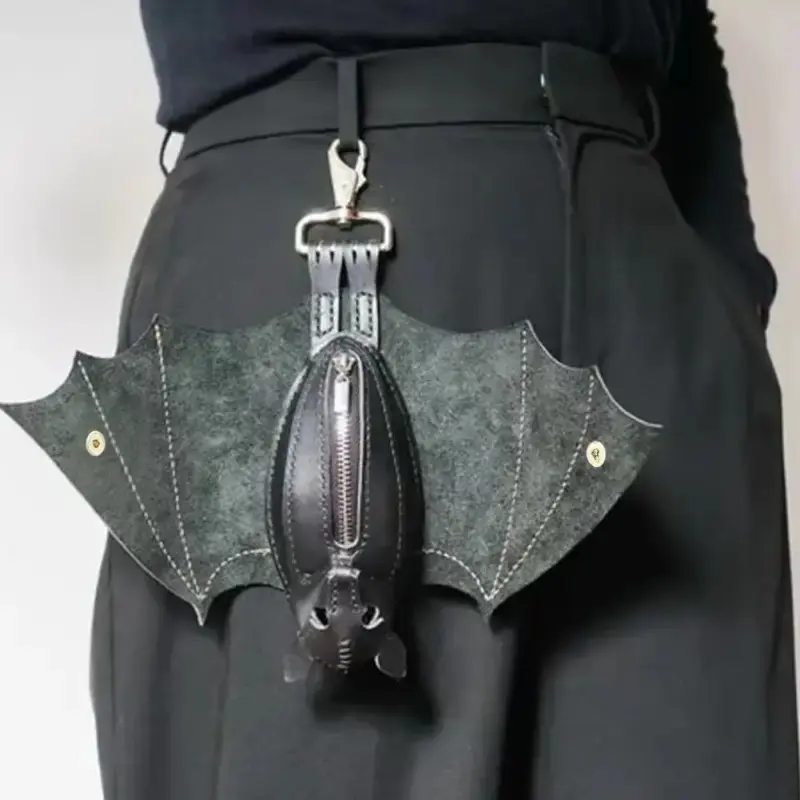 1 handmade Gothic style bat wing coin purse with zipper pocket and keychain for bags and belts, dark fashion accessory, detachable wallet bag for alternative style enthusiasts, avant-garde punk aesthetic atmosphere, Keychain Accessories