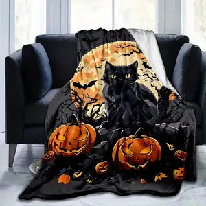 Cozy Halloween Black Cat Plush Blanket - Soft, Warm Throw for Car, Living Room, Bedroom, Sofa, Picnic & Camping