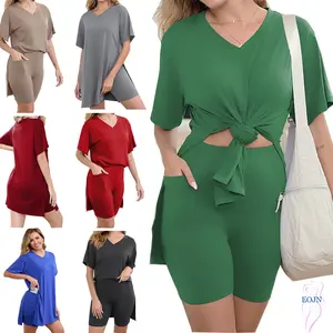 2026 EOJN New Plus Size Two Pieces Outfits with Pocket,Short Sleeve Tunic Tops and Skinny Biker Shorts Sets,Summer TracksuitsWomenswear Bodycon,Spring,Comfort and Breathable.