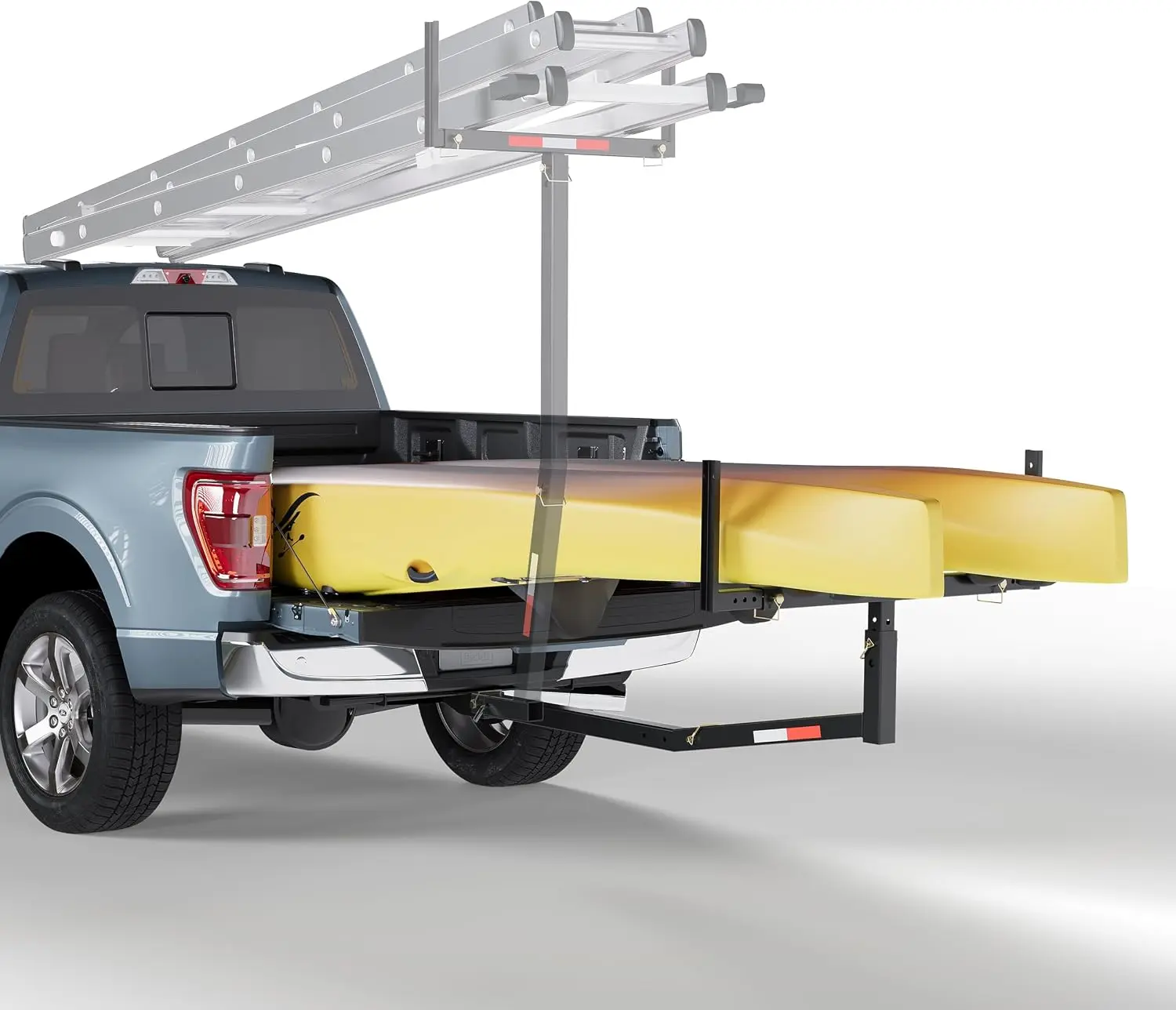ECOTRIC Powder Coated Steel Truck Bed Extender Racks, 750 lbs Capacity Hitch Mount for Pickups, Universal Fit with Quick Release Clevis Pins, Holds Lumber, Ladders, Kayaks, Long Pipes + Flag